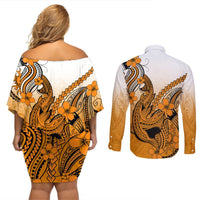 Hawaii Couples Matching Off Shoulder Short Dress and Long Sleeve Button Shirts Polynesian Shark Tattoo With Plumeria Orange Gradient LT14 - Polynesian Pride