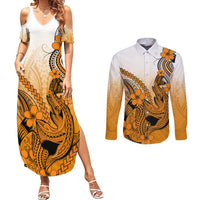 Hawaii Couples Matching Summer Maxi Dress and Long Sleeve Button Shirts Polynesian Shark Tattoo With Plumeria Orange Gradient LT14 Orange - Polynesian Pride