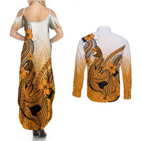 Hawaii Couples Matching Summer Maxi Dress and Long Sleeve Button Shirts Polynesian Shark Tattoo With Plumeria Orange Gradient LT14 - Polynesian Pride