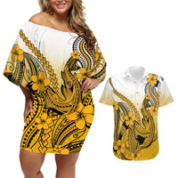 Hawaii Couples Matching Off Shoulder Short Dress and Hawaiian Shirt Polynesian Shark Tattoo With Plumeria Gold Gradient LT14 Gold - Polynesian Pride