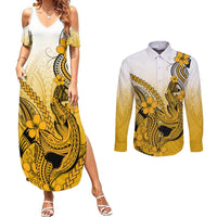 Hawaii Couples Matching Summer Maxi Dress and Long Sleeve Button Shirts Polynesian Shark Tattoo With Plumeria Gold Gradient LT14 Gold - Polynesian Pride
