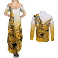 Hawaii Couples Matching Summer Maxi Dress and Long Sleeve Button Shirts Polynesian Shark Tattoo With Plumeria Gold Gradient LT14 - Polynesian Pride