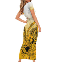 Hawaii Short Sleeve Bodycon Dress Polynesian Shark Tattoo With Plumeria Gold Gradient LT14 - Polynesian Pride