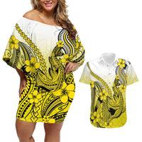 Hawaii Couples Matching Off Shoulder Short Dress and Hawaiian Shirt Polynesian Shark Tattoo With Plumeria Yellow Gradient LT14 Yellow - Polynesian Pride