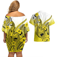 Hawaii Couples Matching Off Shoulder Short Dress and Hawaiian Shirt Polynesian Shark Tattoo With Plumeria Yellow Gradient LT14 - Polynesian Pride