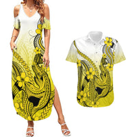 Hawaii Couples Matching Summer Maxi Dress and Hawaiian Shirt Polynesian Shark Tattoo With Plumeria Yellow Gradient LT14 Yellow - Polynesian Pride