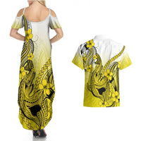 Hawaii Couples Matching Summer Maxi Dress and Hawaiian Shirt Polynesian Shark Tattoo With Plumeria Yellow Gradient LT14 - Polynesian Pride