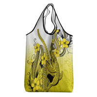 Yellow Gradient Hawaii Grocery Bag Polynesian Shark Tattoo With Plumeria