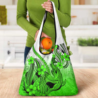 Green Gradient Hawaii Grocery Bag Polynesian Shark Tattoo With Plumeria
