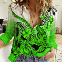 Hawaii Women Casual Shirt Polynesian Shark Tattoo With Plumeria Green Gradient LT14 Female Green - Polynesian Pride