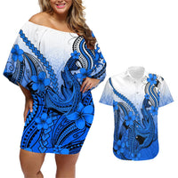 Hawaii Couples Matching Off Shoulder Short Dress and Hawaiian Shirt Polynesian Shark Tattoo With Plumeria Blue Gradient LT14 Blue - Polynesian Pride