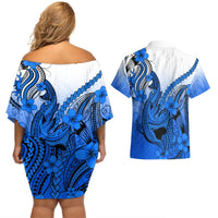 Hawaii Couples Matching Off Shoulder Short Dress and Hawaiian Shirt Polynesian Shark Tattoo With Plumeria Blue Gradient LT14 - Polynesian Pride