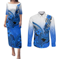 Hawaii Couples Matching Puletasi Dress and Long Sleeve Button Shirts Polynesian Shark Tattoo With Plumeria Blue Gradient LT14 Blue - Polynesian Pride