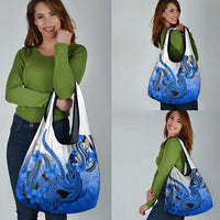 Blue Gradient Hawaii Grocery Bag Polynesian Shark Tattoo With Plumeria