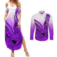 Hawaii Couples Matching Summer Maxi Dress and Long Sleeve Button Shirts Polynesian Shark Tattoo With Plumeria Purple Gradient LT14 Purple - Polynesian Pride