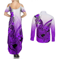 Hawaii Couples Matching Summer Maxi Dress and Long Sleeve Button Shirts Polynesian Shark Tattoo With Plumeria Purple Gradient LT14 - Polynesian Pride