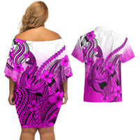 Hawaii Couples Matching Off Shoulder Short Dress and Hawaiian Shirt Polynesian Shark Tattoo With Plumeria Pink Gradient LT14 - Polynesian Pride