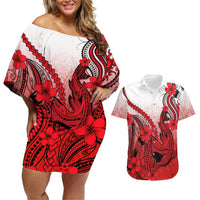 Hawaii Couples Matching Off Shoulder Short Dress and Hawaiian Shirt Polynesian Shark Tattoo With Plumeria Red Gradient LT14 Red - Polynesian Pride
