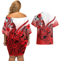 Hawaii Couples Matching Off Shoulder Short Dress and Hawaiian Shirt Polynesian Shark Tattoo With Plumeria Red Gradient LT14 - Polynesian Pride