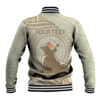Personalised Hawaii Monk Seal Baseball Jacket Polynesian Tattoo With Tropical Flowers - Beige Pastel LT14 - Polynesian Pride