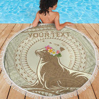 Personalised Hawaii Monk Seal Beach Blanket Polynesian Tattoo With Tropical Flowers - Beige Pastel LT14 - Polynesian Pride