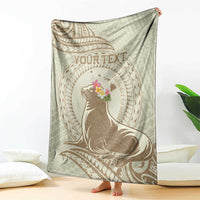 Personalised Hawaii Monk Seal Blanket Polynesian Tattoo With Tropical Flowers - Beige Pastel LT14 - Polynesian Pride