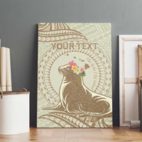 Personalised Hawaii Monk Seal Canvas Wall Art Polynesian Tattoo With Tropical Flowers - Beige Pastel LT14 - Polynesian Pride