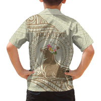 Personalised Hawaii Monk Seal Family Matching Off Shoulder Short Dress and Hawaiian Shirt Polynesian Tattoo With Tropical Flowers - Beige Pastel