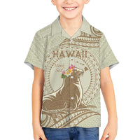 Personalised Hawaii Monk Seal Family Matching Tank Maxi Dress and Hawaiian Shirt Polynesian Tattoo With Tropical Flowers - Beige Pastel LT14 Son's Shirt Beige - Polynesian Pride