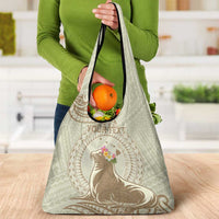 Personalised Hawaii Monk Seal Grocery Bag Polynesian Tattoo With Tropical Flowers - Beige Pastel LT14 - Polynesian Pride