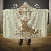 Personalised Hawaii Monk Seal Hooded Blanket Polynesian Tattoo With Tropical Flowers - Beige Pastel LT14 - Polynesian Pride