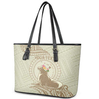Personalised Hawaii Monk Seal Leather Tote Bag Polynesian Tattoo With Tropical Flowers - Beige Pastel LT14 - Polynesian Pride