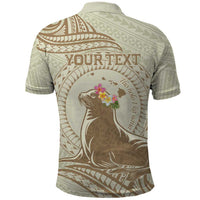 Personalised Hawaii Monk Seal Polo Shirt Polynesian Tattoo With Tropical Flowers - Beige Pastel LT14 - Polynesian Pride