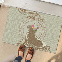 Personalised Hawaii Monk Seal Rubber Doormat Polynesian Tattoo With Tropical Flowers - Beige Pastel LT14 - Polynesian Pride