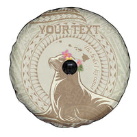 Personalised Hawaii Monk Seal Spare Tire Cover Polynesian Tattoo With Tropical Flowers - Beige Pastel LT14 - Polynesian Pride
