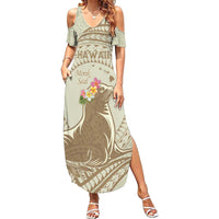 Personalised Hawaii Monk Seal Summer Maxi Dress Polynesian Tattoo With Tropical Flowers - Beige Pastel LT14 Women Beige - Polynesian Pride