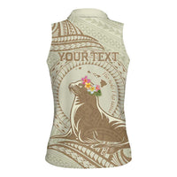 Personalised Hawaii Monk Seal Women Sleeveless Polo Shirt Polynesian Tattoo With Tropical Flowers - Beige Pastel