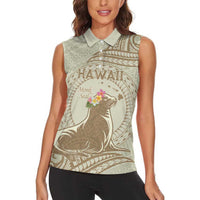 Personalised Hawaii Monk Seal Women Sleeveless Polo Shirt Polynesian Tattoo With Tropical Flowers - Beige Pastel
