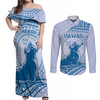 Personalised Hawaii Monk Seal Couples Matching Off Shoulder Maxi Dress and Long Sleeve Button Shirt Polynesian Tattoo With Tropical Flowers - Blue Pastel LT14 Blue - Polynesian Pride