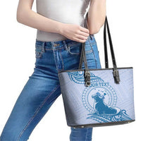 Personalised Hawaii Monk Seal Leather Tote Bag Polynesian Tattoo With Tropical Flowers - Blue Pastel LT14 - Polynesian Pride