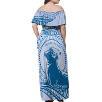 Personalised Hawaii Monk Seal Off Shoulder Maxi Dress Polynesian Tattoo With Tropical Flowers - Blue Pastel LT14 - Polynesian Pride