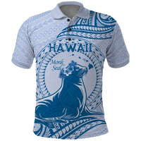 Personalised Hawaii Monk Seal Polo Shirt Polynesian Tattoo With Tropical Flowers - Blue Pastel LT14 Blue - Polynesian Pride
