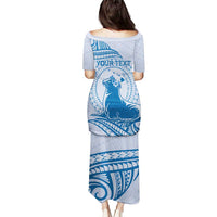 Personalised Hawaii Monk Seal Puletasi Polynesian Tattoo With Tropical Flowers - Blue Pastel LT14 - Polynesian Pride