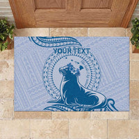 Personalised Hawaii Monk Seal Rubber Doormat Polynesian Tattoo With Tropical Flowers - Blue Pastel LT14 Blue - Polynesian Pride