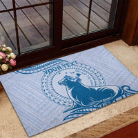 Personalised Hawaii Monk Seal Rubber Doormat Polynesian Tattoo With Tropical Flowers - Blue Pastel LT14 - Polynesian Pride