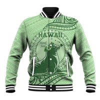 Personalised Hawaii Monk Seal Baseball Jacket Polynesian Tattoo With Tropical Flowers - Green Pastel LT14 Unisex Green - Polynesian Pride