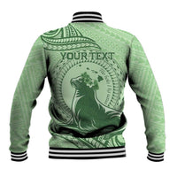 Personalised Hawaii Monk Seal Baseball Jacket Polynesian Tattoo With Tropical Flowers - Green Pastel LT14 - Polynesian Pride