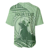 Personalised Hawaii Monk Seal Baseball Jersey Polynesian Tattoo With Tropical Flowers - Green Pastel