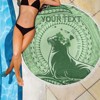 Personalised Hawaii Monk Seal Beach Blanket Polynesian Tattoo With Tropical Flowers - Green Pastel LT14 - Polynesian Pride