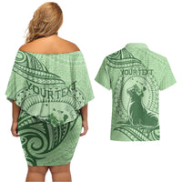 Personalised Hawaii Monk Seal Couples Matching Off Shoulder Short Dress and Hawaiian Shirt Polynesian Tattoo With Tropical Flowers - Green Pastel LT14 - Polynesian Pride